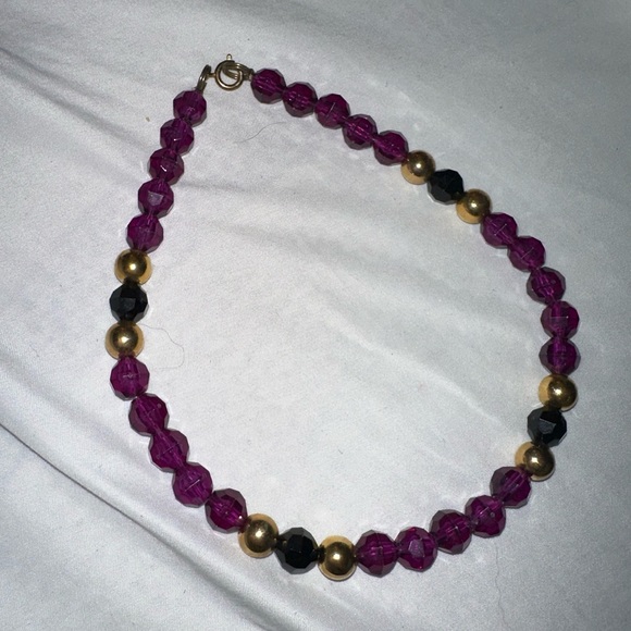 Handmade beaded purple black and gold necklace - Picture 3 of 4